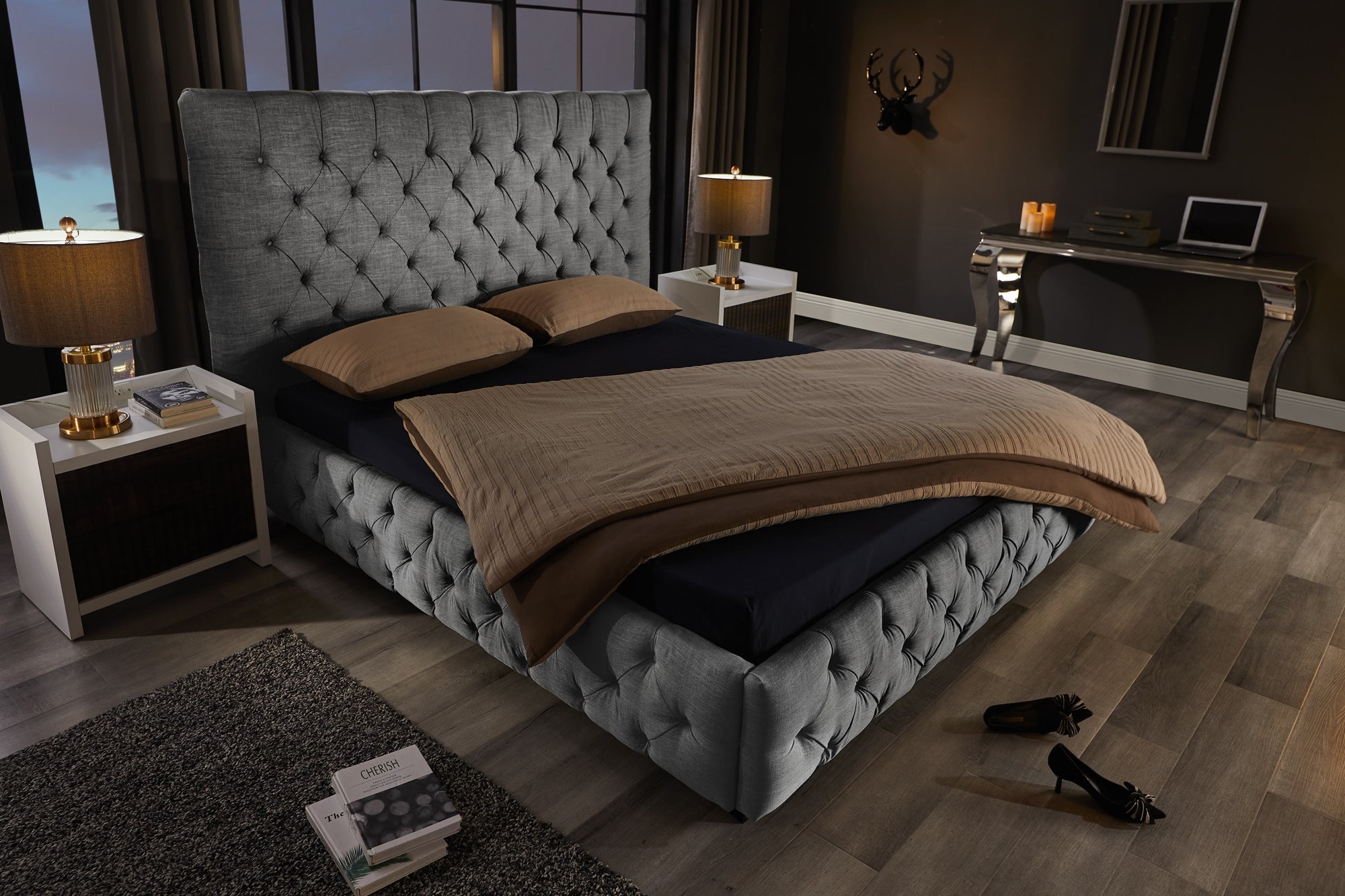Design bedstee PARIS 180x200cm grijs linnen Chesterfield tweepersoonsbed - 41327 afbeelding