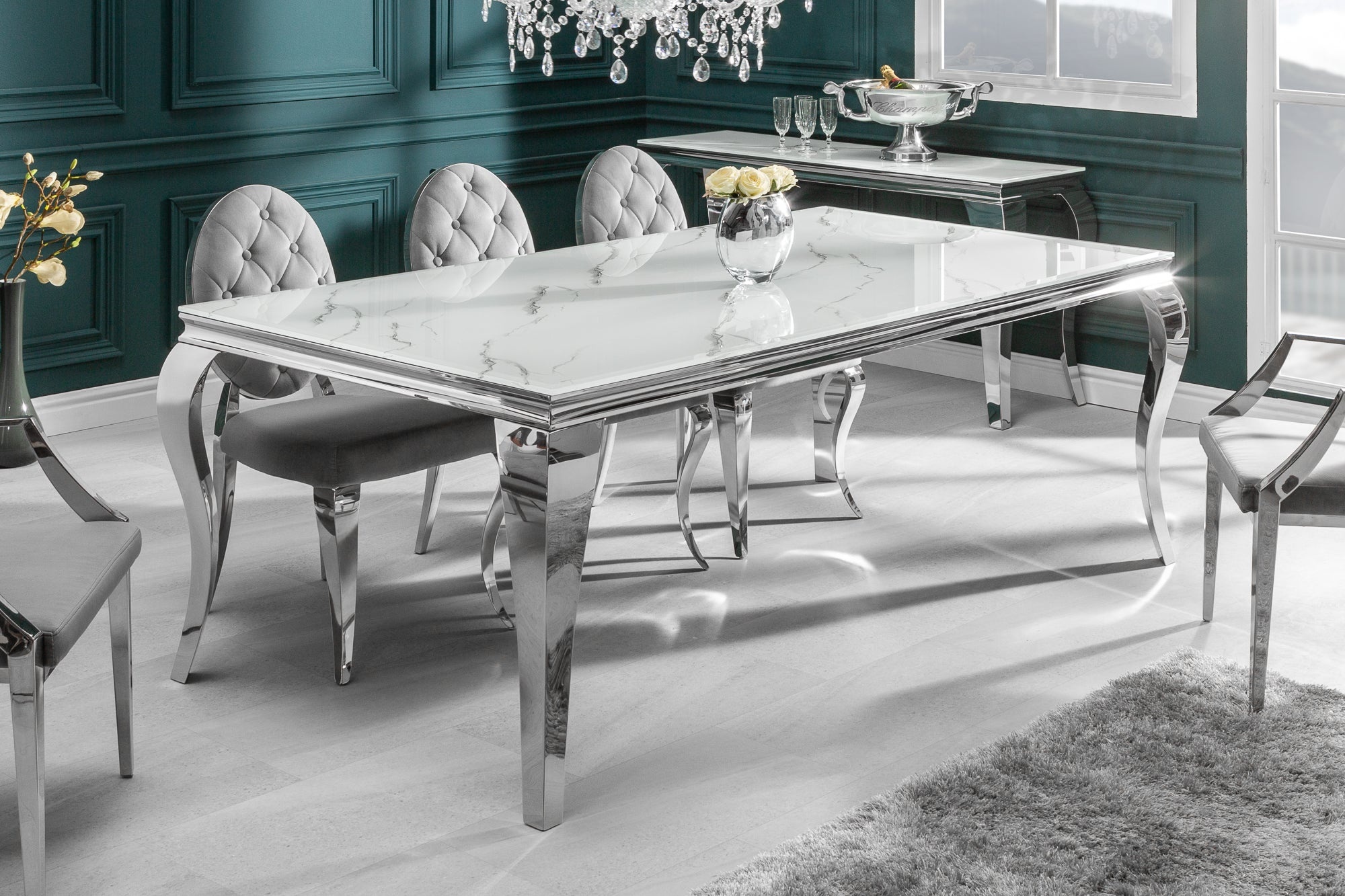 Design eettafel MODERN BAROK 180 cm wit chroom glazen blad marmer roestvrijstalen poten - 39995 afbeelding