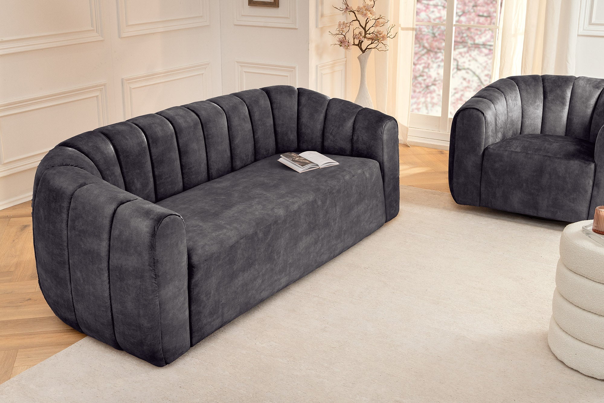 3-zitsbank BABYLON 200 cm antraciet fluweel met decoratief stiksel - 44510 afbeelding