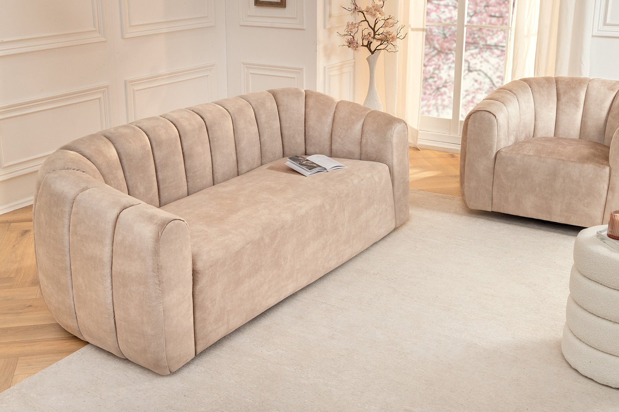 3-zitsbank BABYLON 200cm champagne beige fluweel met sierstiksel - 44511 afbeelding