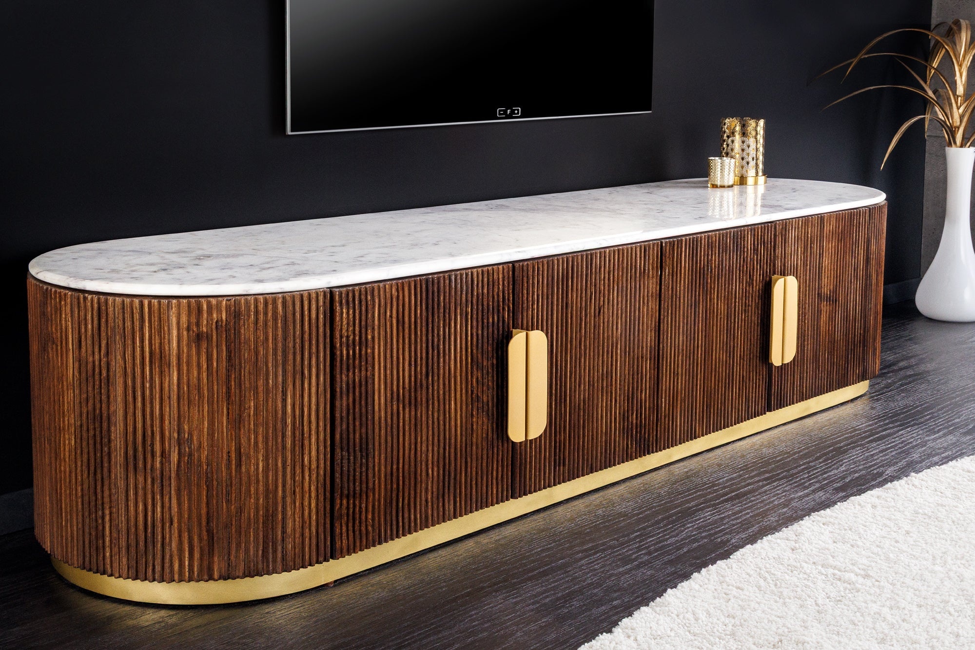 Design TV-bord GATSBY 170 cm Bruin Goud Mangohout Wit Marmeren Blad Lowboard - 45828 afbeelding