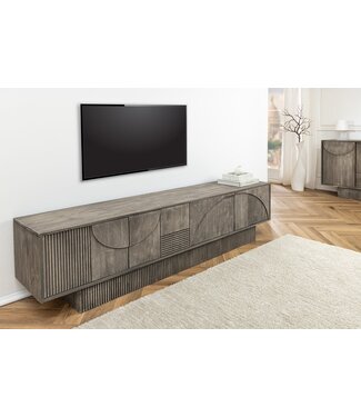 Invicta Interior Massief houten TV Lowboard ART DECO 200cm Grijs Gerookt Mangohout 3D Front - 45481