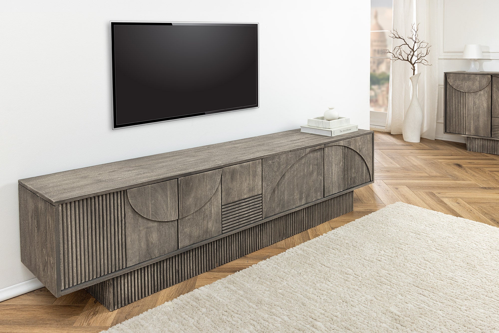 Massief houten TV Lowboard ART DECO 200cm Grijs Gerookt Mangohout 3D Front - 45481 afbeelding