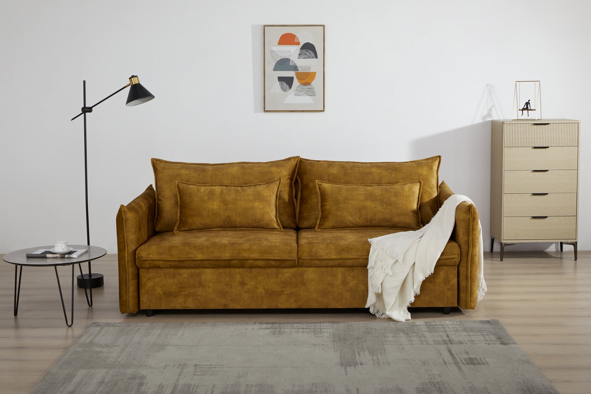 Design slaapbank APARTMENT 215cm mosterdgeel fluweel 3-zitsbank incl. bedopbergruimte - 47134 afbeelding