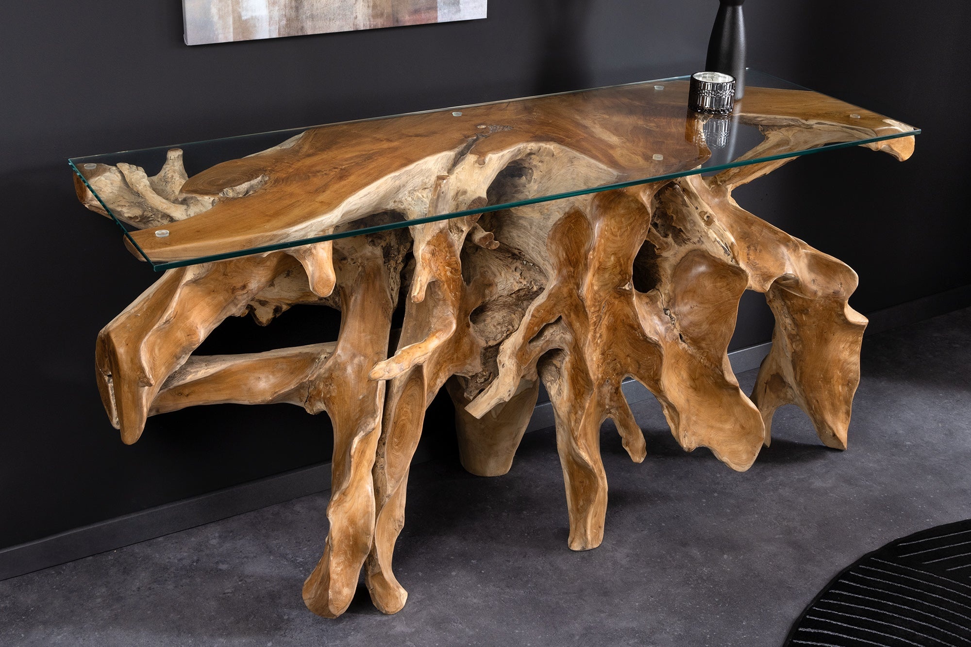 Massieve wandtafel ROOT 150cm naturel teakhout massief wortelhout glazen blad - 6044121 afbeelding