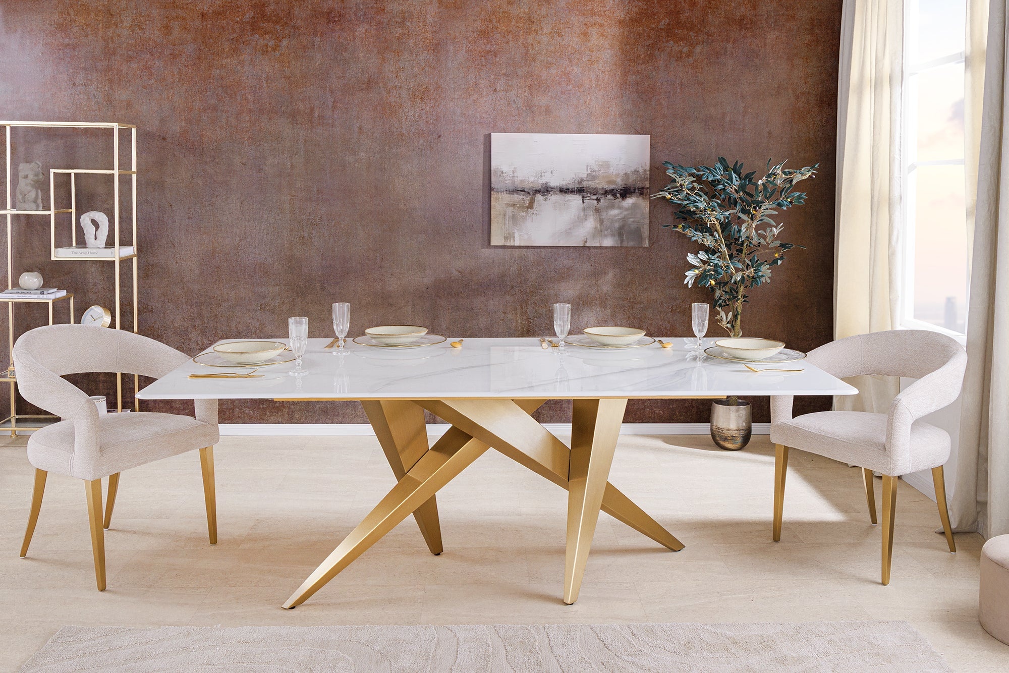 Design eettafel ART LIVING 200cm wit marmer keramiek metaal geborsteld champagne goud - 46202 afbeelding
