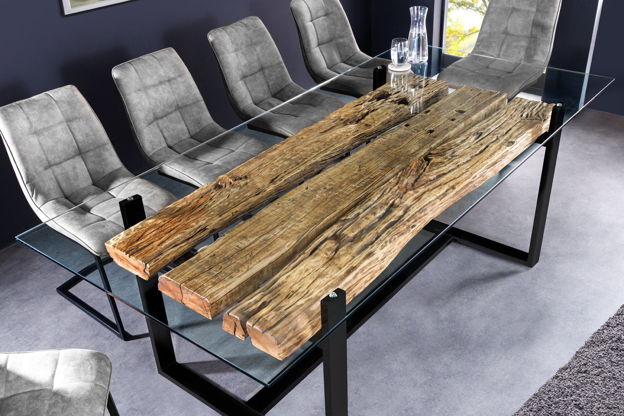 Design glazen eettafel BARRACUDA 220 cm natuurlijk massief teakhout zwart onderstel - 43342 afbeelding