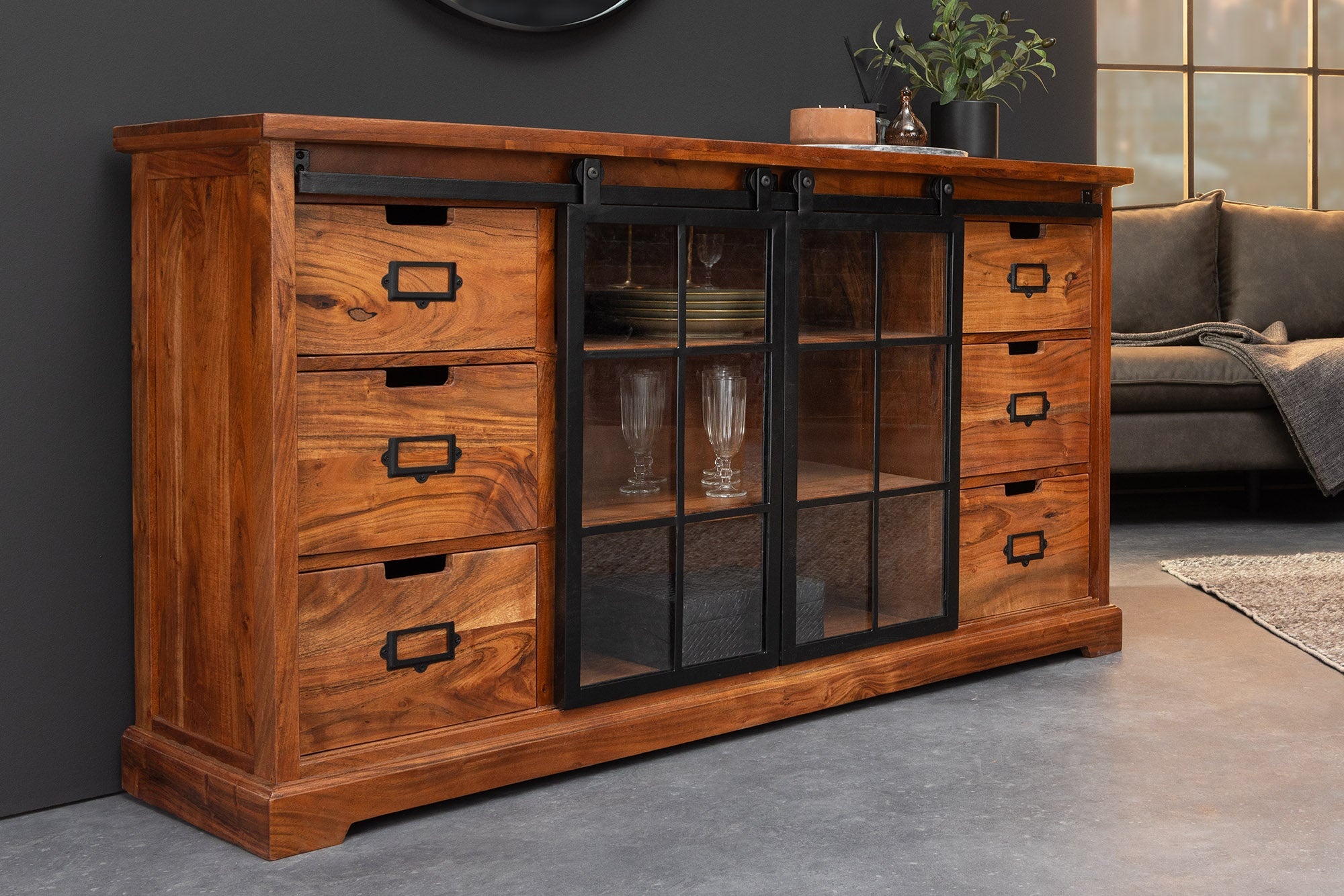 Massief dressoir HERITAGE 150 cm natuurlijke acaciahout zwarte metalen vitrine - 44049 afbeelding