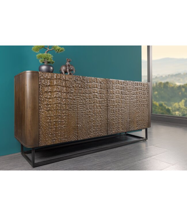 Invicta Interior Handgemaakt dressoir CROCO 180cm goudbruin mangohout met 3D houtsnijwerk massief zwart metaal - 44648