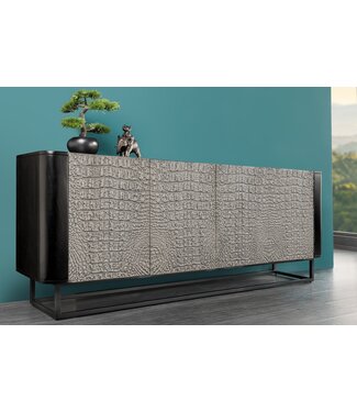 Invicta Interior Handgemaakt dressoir CROCO 180 cm grijs zwart mangohout met 3D-houtsnijwerk massief metaal - 44647