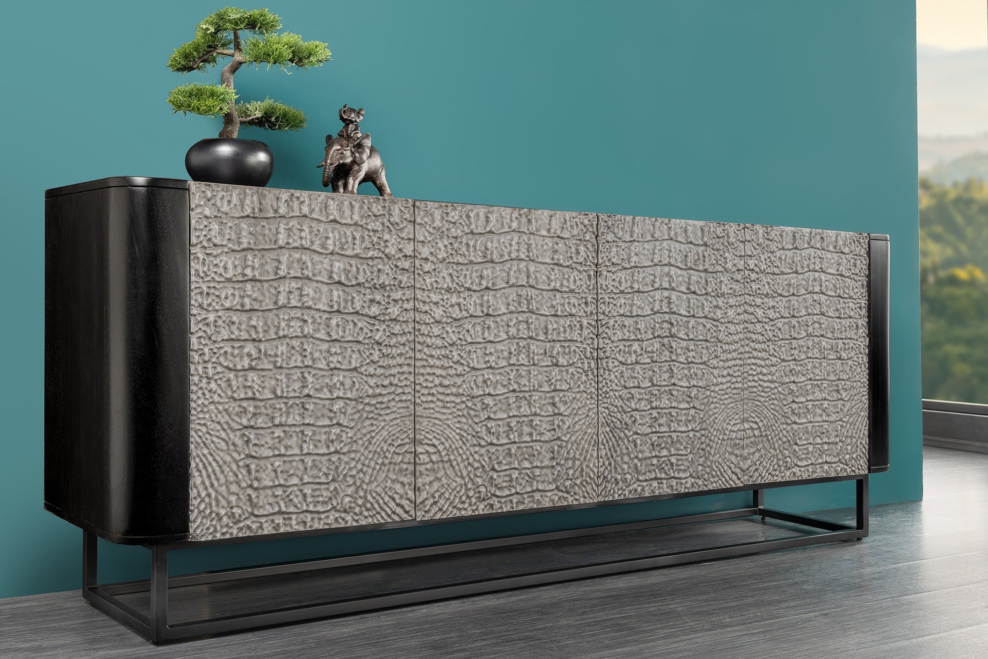 Handgemaakt dressoir CROCO 180 cm grijs zwart mangohout met 3D-houtsnijwerk massief metaal - 44647 afbeelding