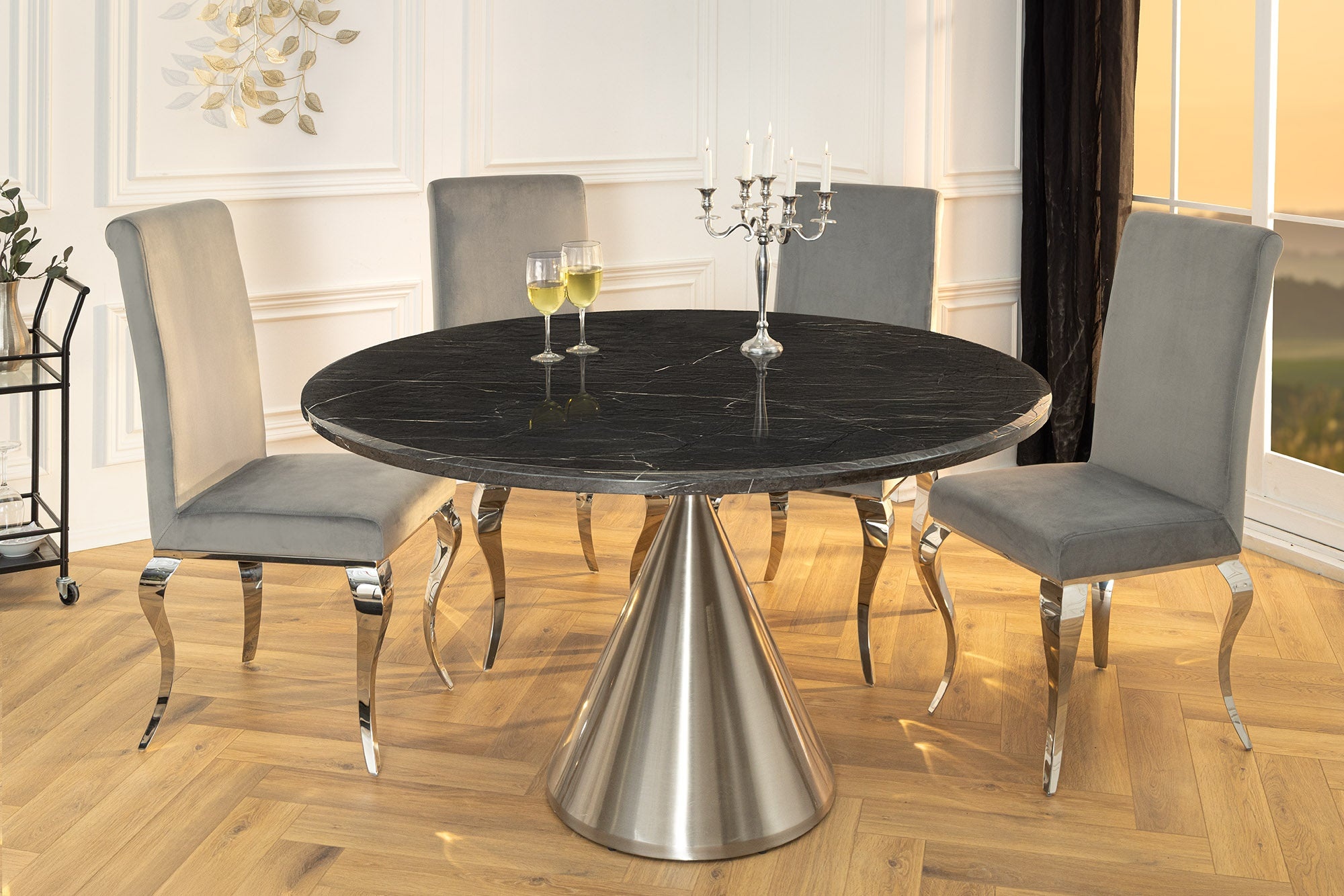 Ronde eettafel ELEGANCIA 130cm zwart marmer chroomstaal met onderstel - 45899 afbeelding