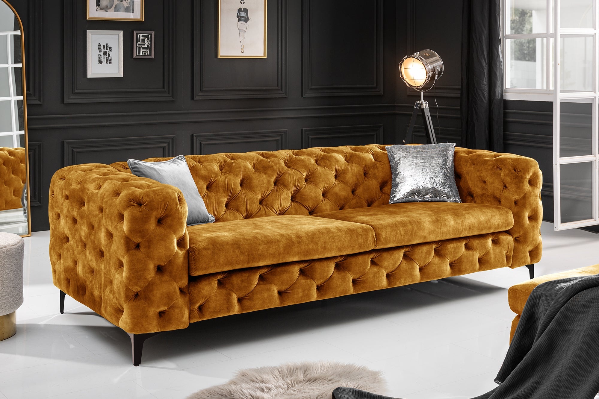 Chesterfield Sofa MODERN BAROK 235cm mosterdgeel fluweel 3-zits bank spring core - 44392 afbeelding