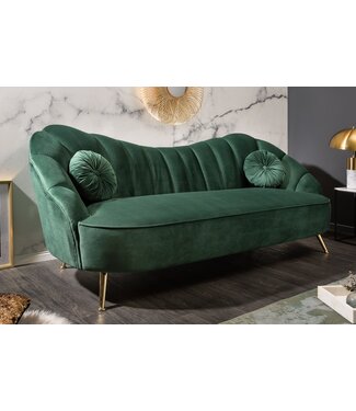 Invicta Interior Retro 3-zitsbank ARIELLE 220cm fles groen fluweel gouden metalen poten decoratief stiksel - 40749 Invicta Interior Retro 3-zitsbank ARIELLE 220cm fles groen fluweel gouden metalen poten decoratief stiksel - 40749