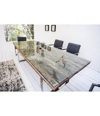 Invicta Interior Massieve eettafel BARRACUDA 200cm antiek teakhout met stalen sledepoten incl. glazen blad - 21645&30116G