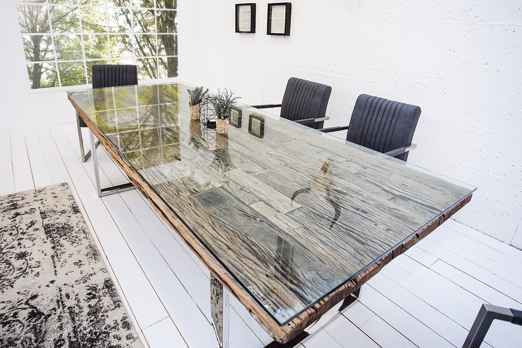 Massieve eettafel BARRACUDA 200cm antiek teakhout met stalen sledepoten incl. glazen blad - 21645&30116G afbeelding