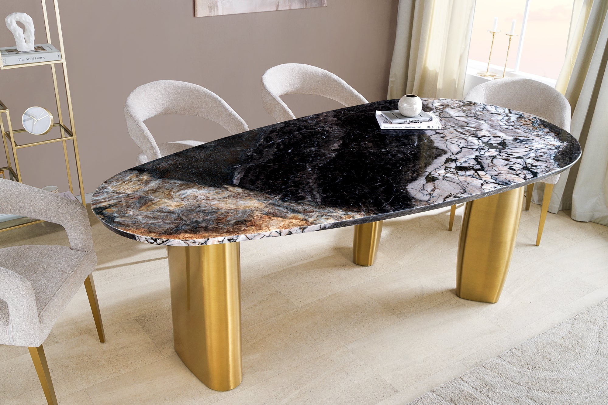 Design eettafel BIO 200cm grijs wit bruin natuursteen marmer metaal geborsteld goud - 46205 afbeelding