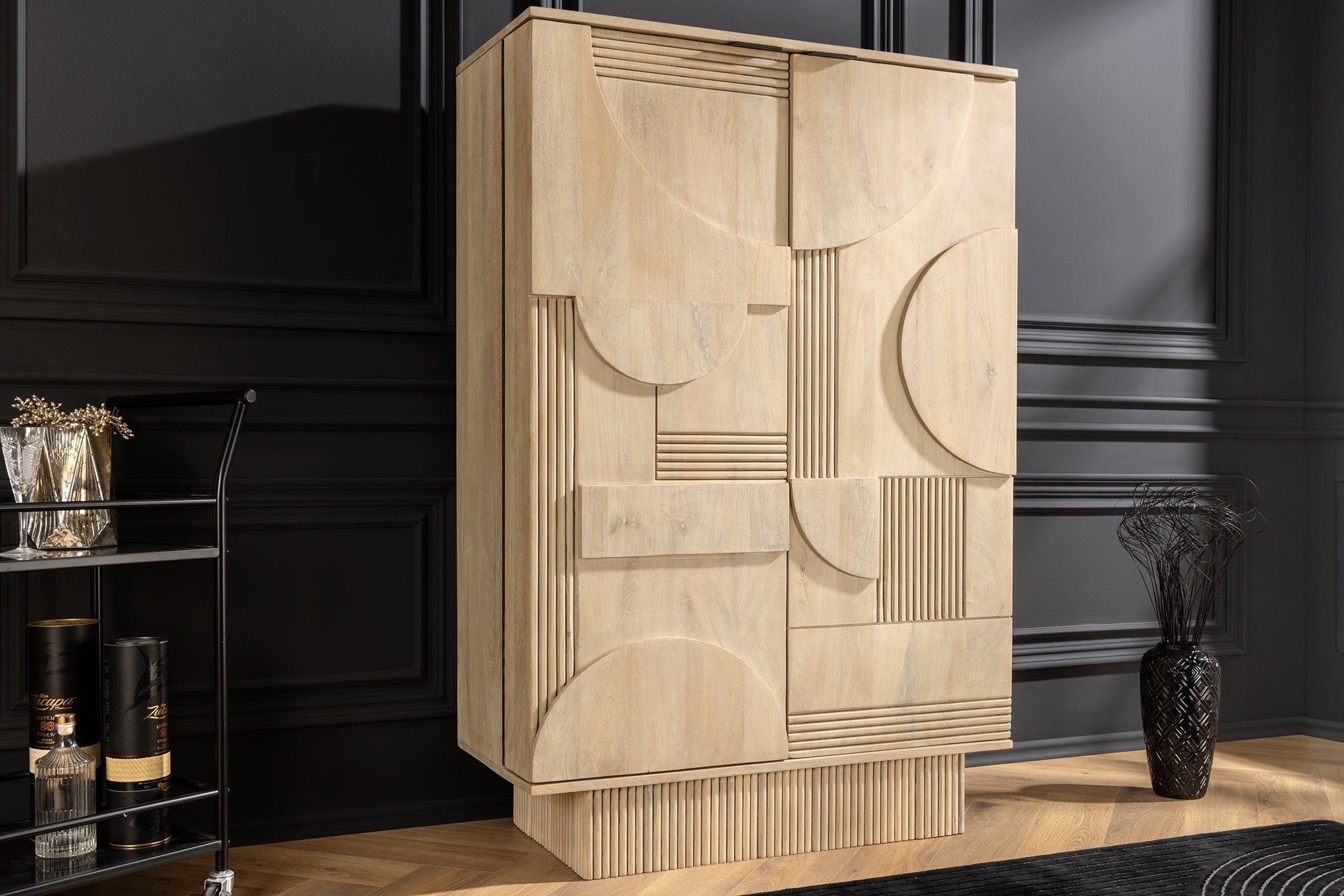 Design barkast ART DECO 140 cm wit gelimineerd mangohout 3D front - 44088 afbeelding