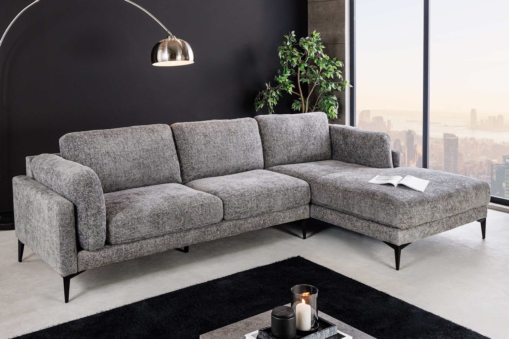 Design hoekbank MANHATTAN 295cm Grijze getextureerde stof Chenille Spring Core 3-zits metalen poten - 44278 afbeelding