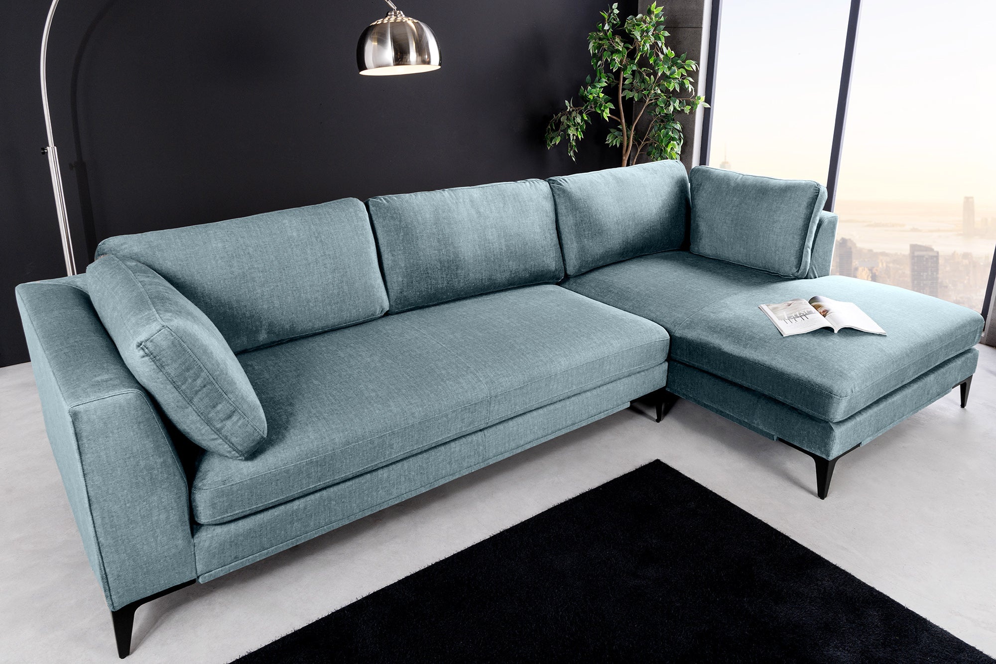 Tijdloze hoekbank SIGNUM 315cm petrol fluweel poef rechts grote bank XXL bank- 44535 afbeelding