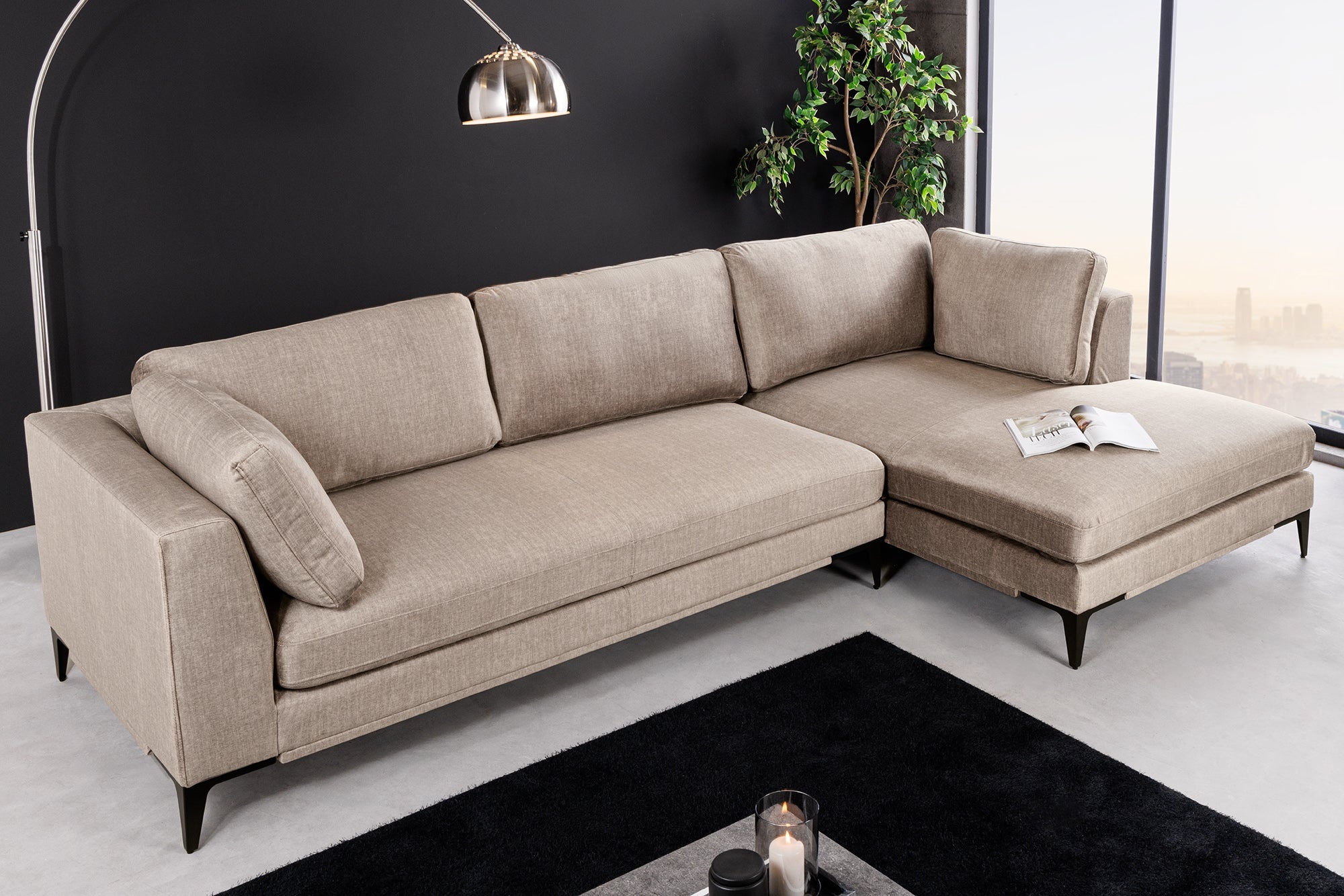 Tijdloze hoekbank SIGNUM 315cm taupe fluwelen poef rechts grote bank XXL bank - 44538 afbeelding