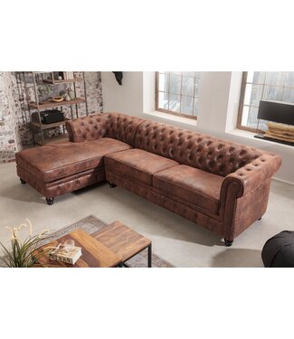 Invicta Interior Design hoekbank CHESTERFIELD 270cm Antiek Bruin Microvezel Lente Ottomaanse Links Vintage - 40611
