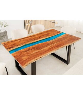 Invicta Interior Massieve eettafel LIQUID 160cm bruin acaciahout boomrand zwart ijzer blauw - 45831
