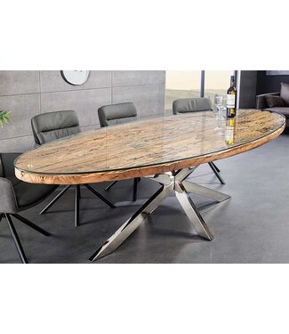 Invicta Interior Massieve eettafel BARRACUDA 220cm bruin teakhout zilver steronderstel glazen blad - 43626