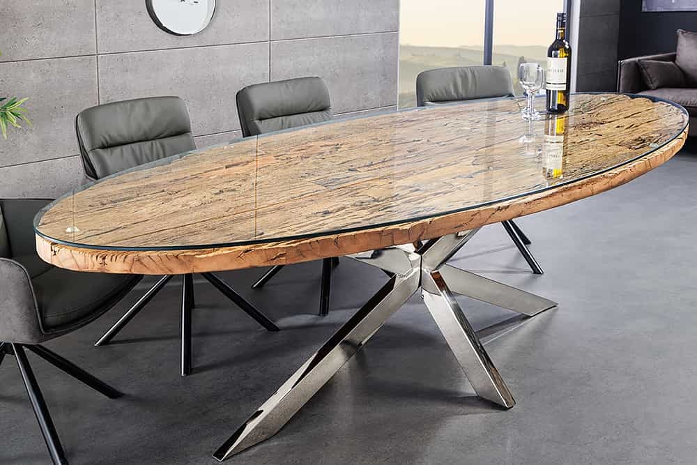 Massieve eettafel BARRACUDA 220cm bruin teakhout zilver steronderstel glazen blad - 43626 afbeelding