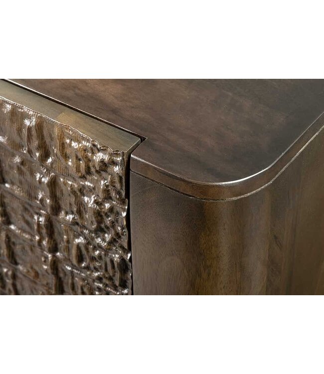 Invicta Interior Handgemaakt dressoir CROCO 180cm goudbruin mangohout met 3D houtsnijwerk massief zwart metaal - 44648