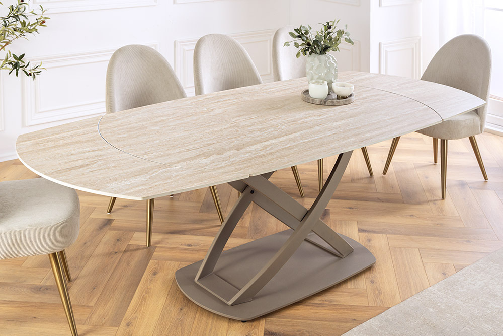 Uitschuifbare eettafel INCEPTION 130-190cm ovaal travertijn keramiek champagne greige - 46426 afbeelding