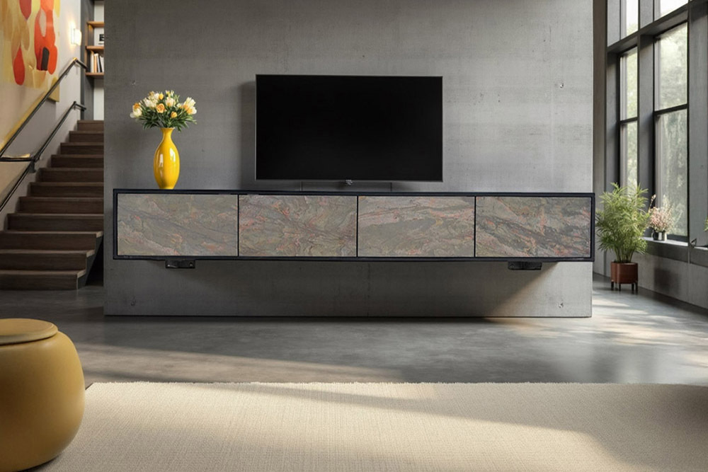 Massief houten TV lowboard MOUNTAIN SOUL 200cm acacia groen brons hangend natuursteen zwart - 46112 afbeelding