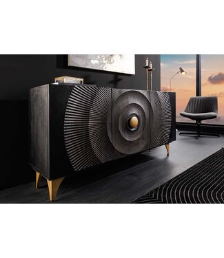 Invicta Interior Handgemaakt dressoir GOLDEN SUNSET 140cm zwart met 3D houtsnijwerk goud mango hout metalen poten - 46658
