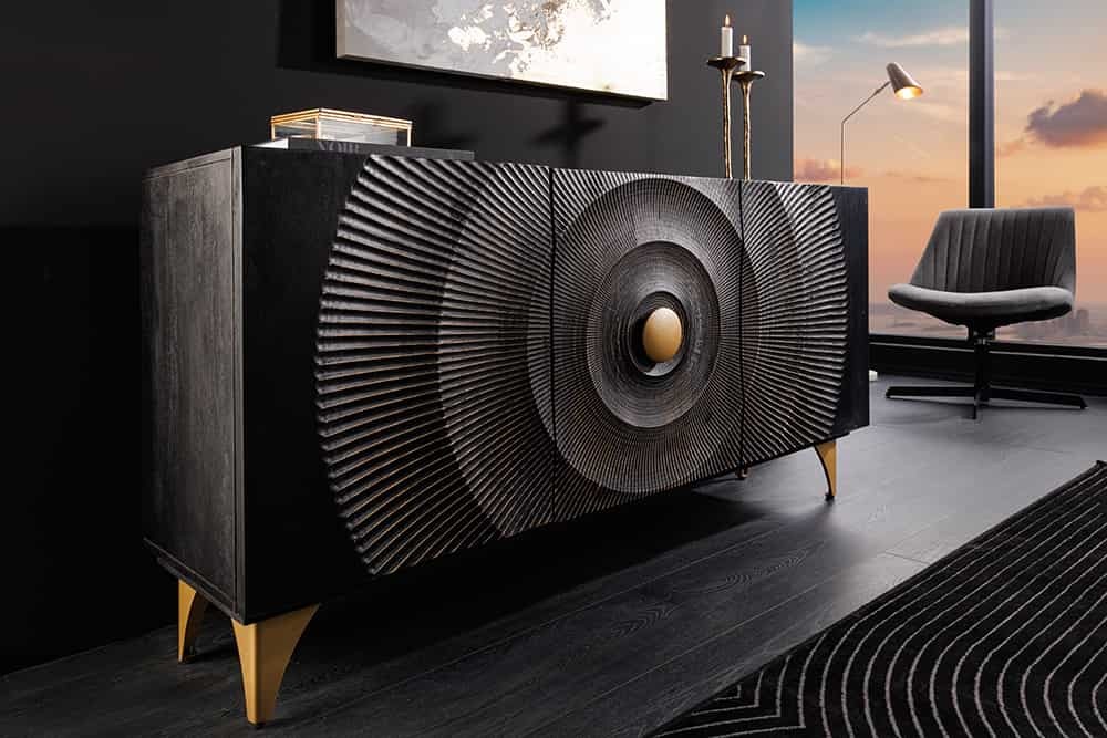 Handgemaakt dressoir GOLDEN SUNSET 140cm zwart met 3D houtsnijwerk goud mango hout metalen poten - 46658 afbeelding