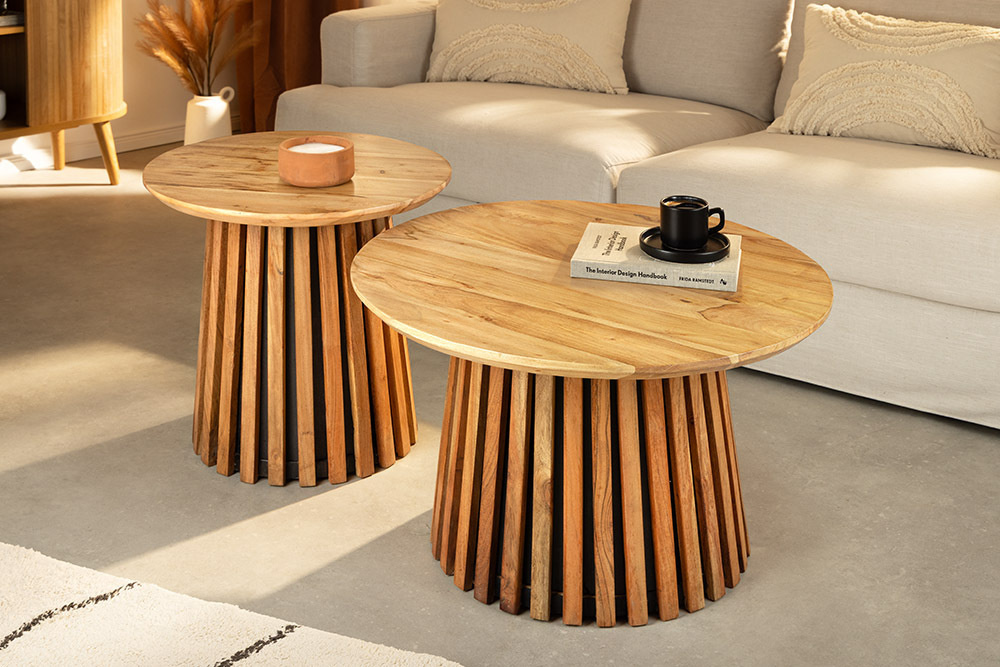 Ronde set van 2 salontafels VALHALLA WOOD 70cm naturel bruin acaciahout - 45993 afbeelding