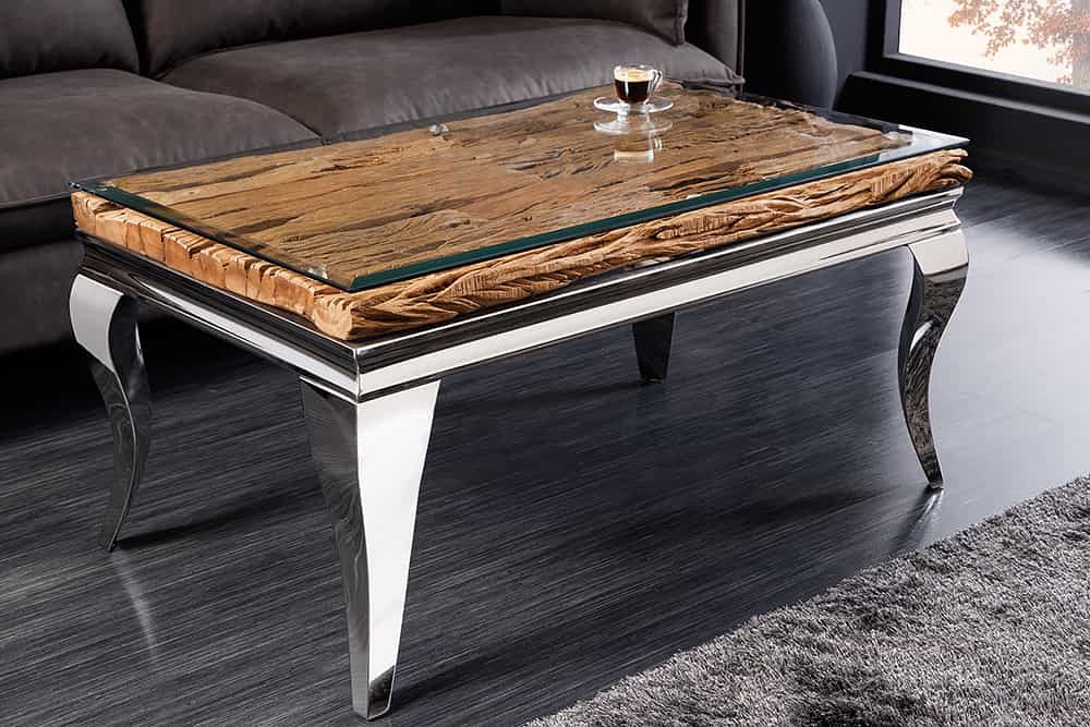 Design salontafel MODERN BAROK 100 cm naturel chroom teakhouten roestvrijstalen blad - 6044365 afbeelding