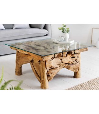 Invicta Interior Maritieme salontafel RIVERSIDE 80cm Natuurlijk Teak Massief Glazen Blad Handgemaakt - 43199-1