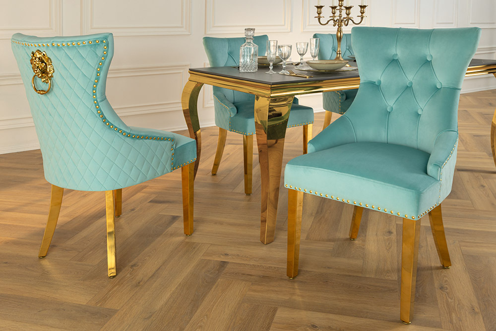 Barokke stoel CASTLE DELUXE blauw fluweel goud RVS met leeuwenkop Chesterfield - 45845 afbeelding