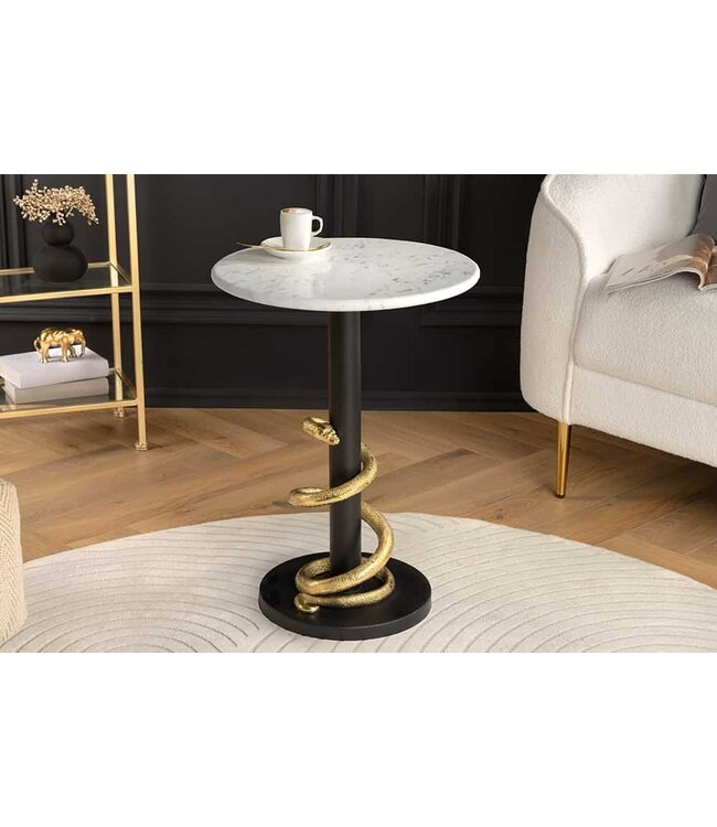 Invicta Interior Ronde bijzettafel WILDLIFE SNAKE 55cm Wit Marmer Goud Zwart Slang Sculptuur - 44831