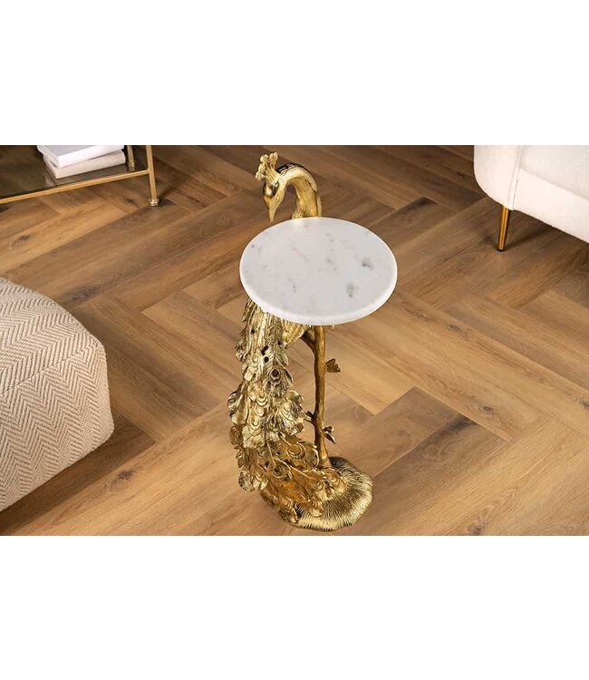 Invicta Interior Ronde bijzettafel WILDLIFE PEACOCK 75cm Goud Antiek Wit Metaal Marmeren Pauw Sculptuur - 44828