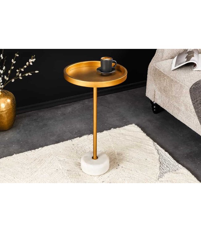 Invicta Interior Ronde bijzettafel TRAYFUL 60cm goud ijzer wit marmeren voet handgemaakt - 44849