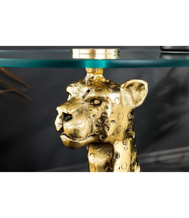 Invicta Interior Ronde bijzettafel WILDLIFE PANTHER 60cm goud antiek metalen glassculptuur handgemaakt - 44825