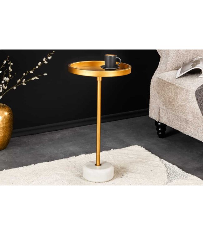 Invicta Interior Ronde bijzettafel TRAYFUL 60cm goud ijzer wit marmeren voet handgemaakt - 44849