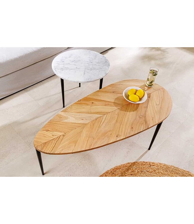 Invicta Interior Set van 2 salontafels ADLON 110 cm naturel wit acaciahout marmer zwart metaal - 45187