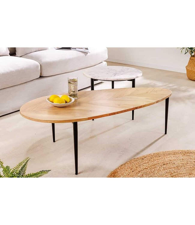 Invicta Interior Set van 2 salontafels ADLON 110 cm naturel wit acaciahout marmer zwart metaal - 45187