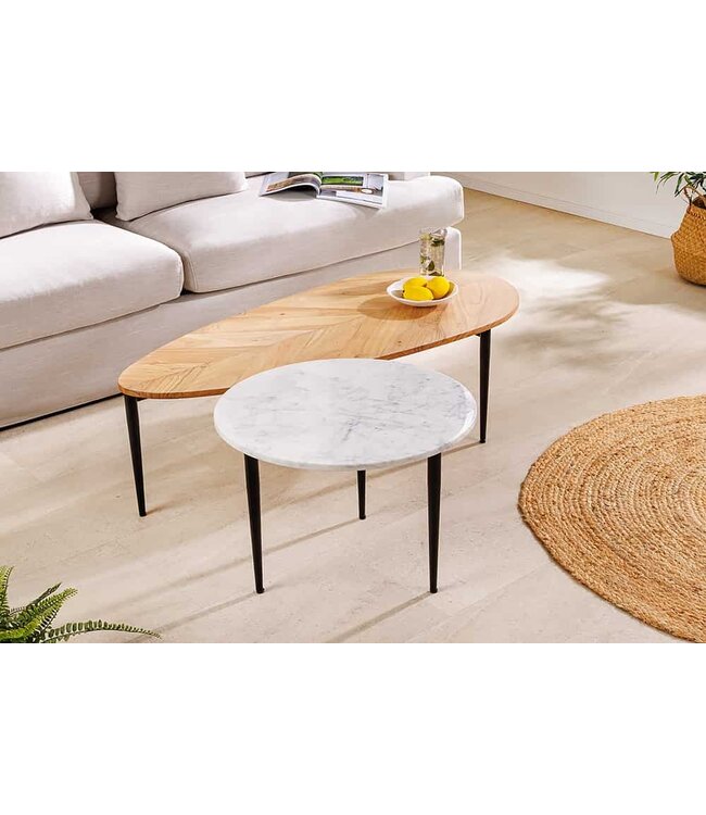 Invicta Interior Set van 2 salontafels ADLON 110 cm naturel wit acaciahout marmer zwart metaal - 45187