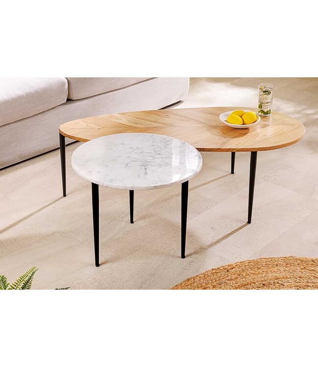 Invicta Interior Set van 2 salontafels ADLON 110 cm naturel wit acaciahout marmer zwart metaal - 45187