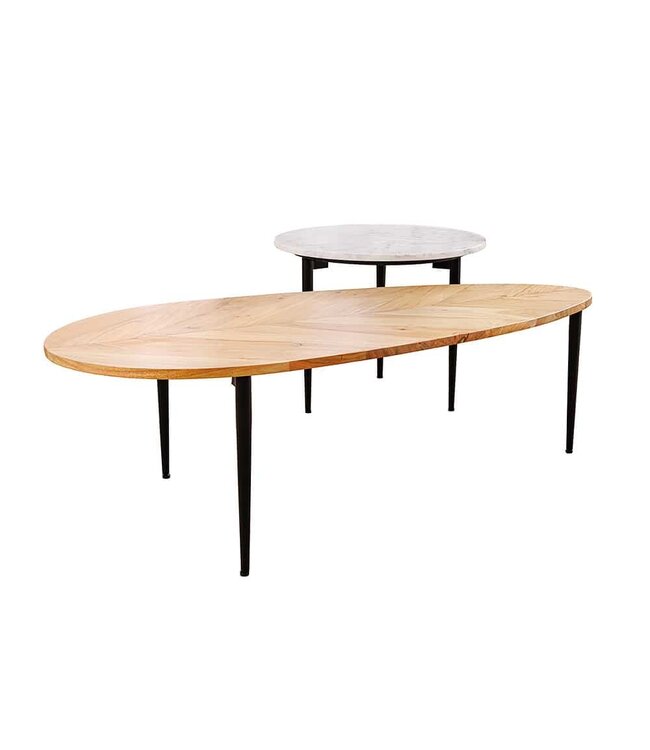 Invicta Interior Set van 2 salontafels ADLON 110 cm naturel wit acaciahout marmer zwart metaal - 45187