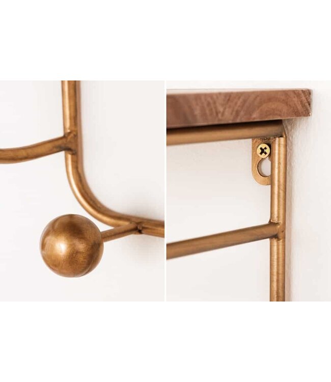 Invicta Interior Decoratieve wandkapstok HERITAGE 80 cm naturel goud messing grenen metaal met plank  - 44479