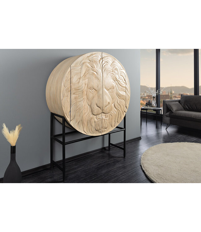 Invicta Interior Massief Highboard LION 140cm Wit Mango Hout Metaal 3D Houtsnijwerk Kunstwerk  - 45851